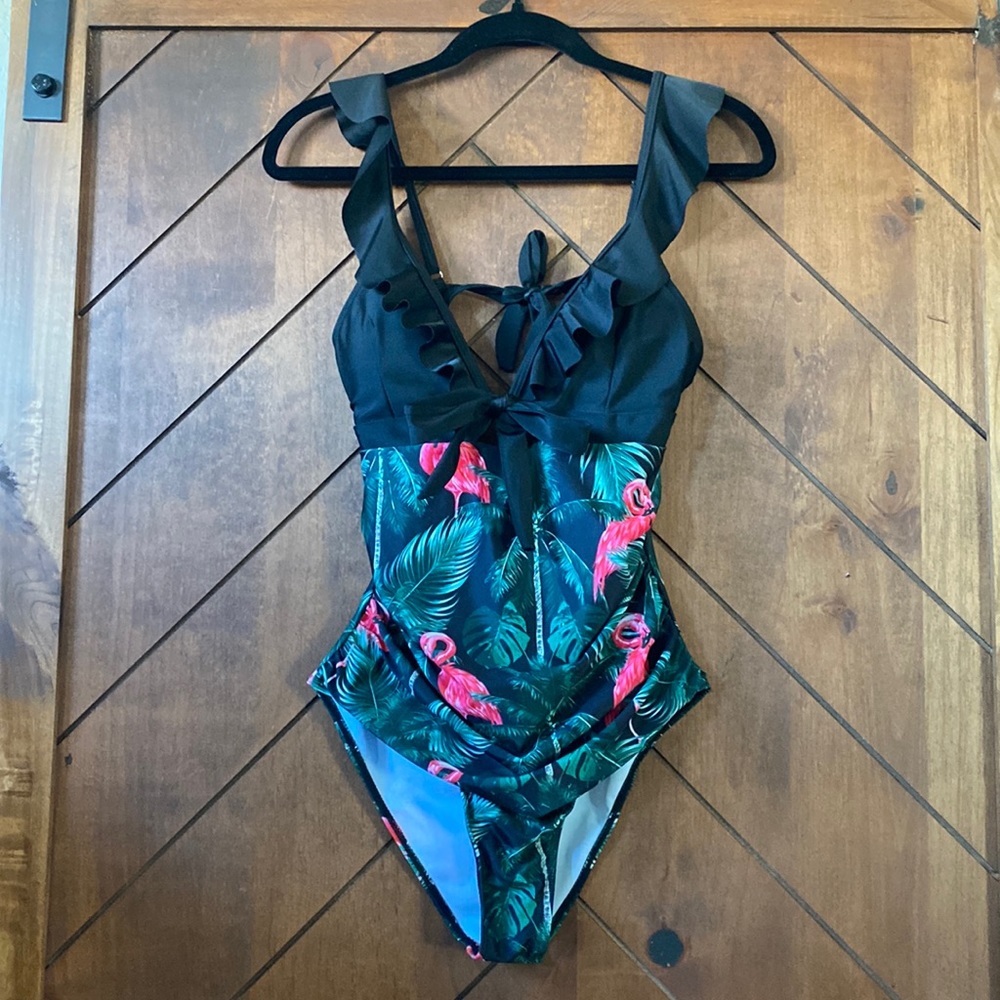 Sporlike Womens One-Piece Swimsuit. Black with Flamingos. Size L.